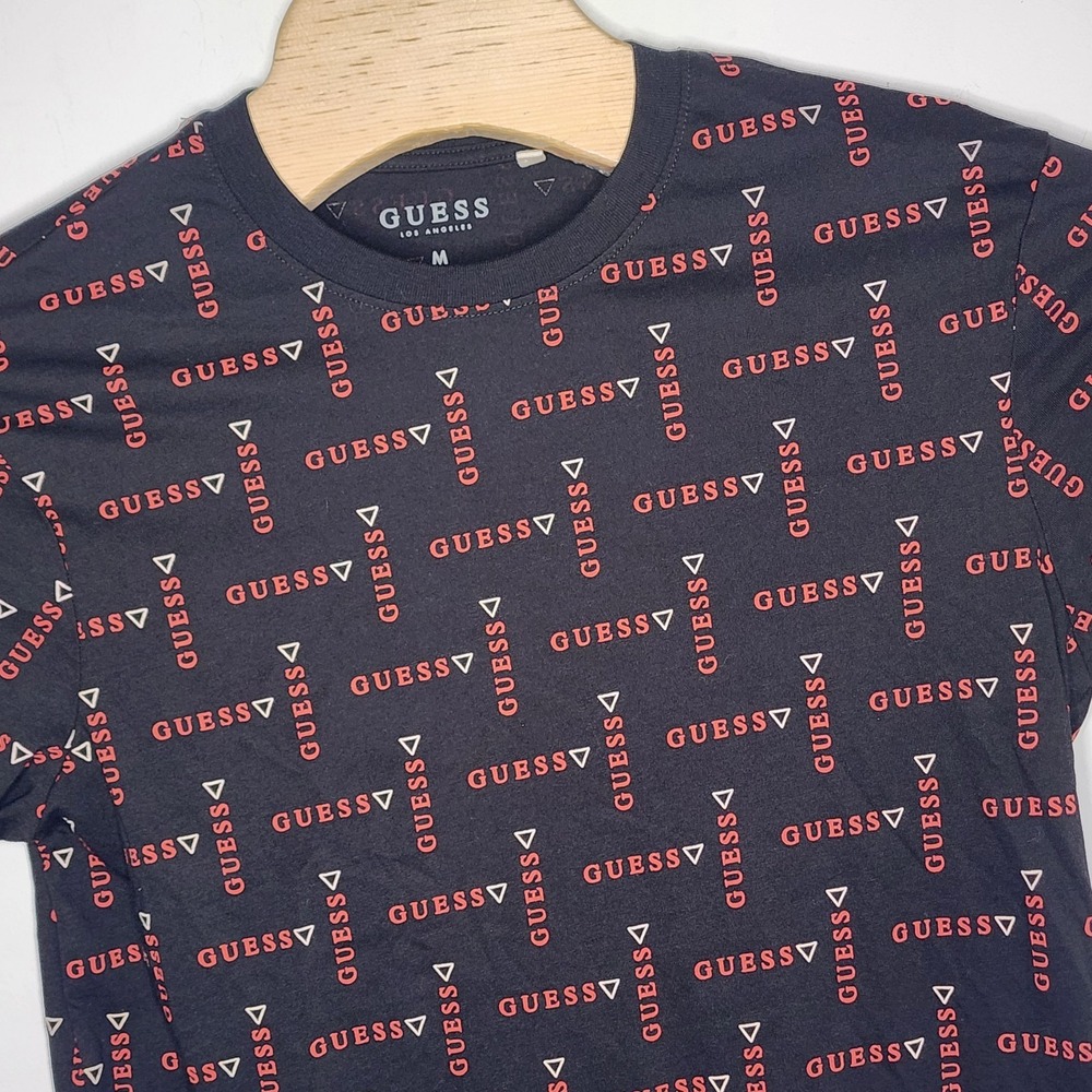 Guess Shirt Small Adult Black Red Spell Out Logo All Over Print Casual‎ Mens M
